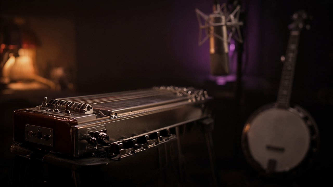 Pedal steel y banjo en un estudio de grabación